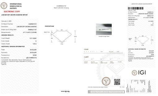 เพชรแท้ Lab Grown Diamond 1.01 กะรัต น้ำ 100 เกรด VVS2 EX EX N พร้อมเซอร์ IGI (1CER1570)