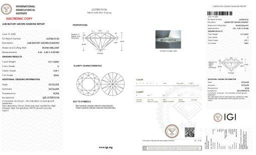 เพชรแท้ Lab Grown Diamond 1.01 กะรัต น้ำ 100 เกรด VVS1 ID EX EX N พร้อมเซอร์ IGI (1CER1609)