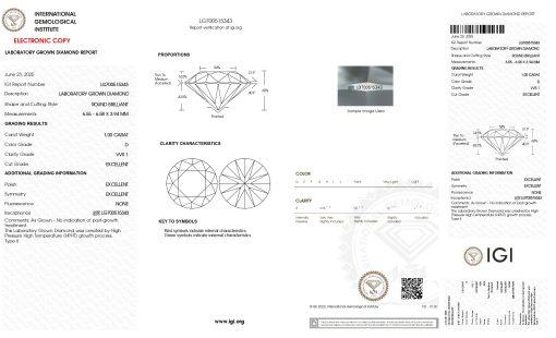 เพชรแท้ Lab Grown Diamond 1.00 กะรัต น้ำ 100 เกรด VVS1 EX EX EX N พร้อมเซอร์ IGI (1CER1613)