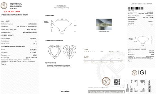 เพชรแท้ Lab Grown Diamond 1.00 กะรัต น้ำ 100 เกรด VVS2 EX EX N พร้อมเซอร์ IGI (1CER1631)