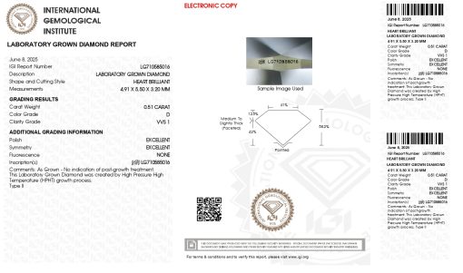 เพชรแท้ Lab Grown Diamond 0.51 กะรัต น้ำ 100 เกรด VVS1 EX EX N พร้อมเซอร์ IGI (1CER1632)