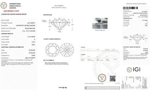 เพชรแท้ Lab Grown Diamond 2.10 กะรัต น้ำ 100 เกรด VVS2 ID EX EX N พร้อมเซอร์ IGI (1CER1601)