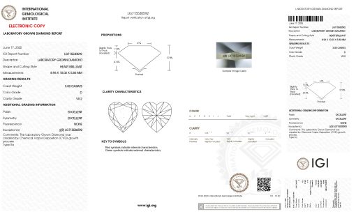 เพชรแท้ Lab Grown Diamond 3.00 กะรัต น้ำ 100 เกรด VS2 EX EX N พร้อมเซอร์ IGI (1CER1629)