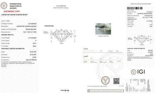 เพชรแท้ Lab Grown Diamond 3.10 กะรัต น้ำ 100 เกรด VVS2 ID EX EX N พร้อมเซอร์ IGI (1CER1593)