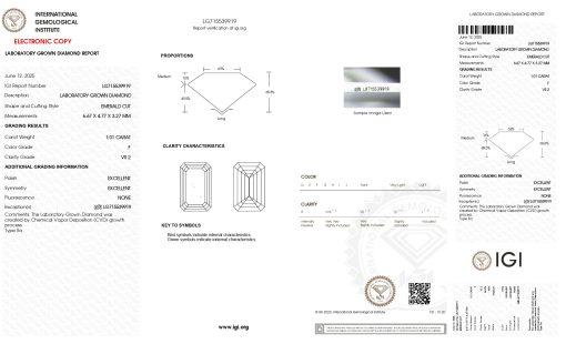 เพชรแท้ Lab Grown Diamond 1.01 กะรัต น้ำ 98 เกรด VS2 EX EX N พร้อมเซอร์ IGI (1CER1568)