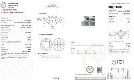 เพชรแท้ Lab Grown Diamond 1.01 กะรัต น้ำ 100 เกรด VVS1 ID EX EX N พร้อมเซอร์ IGI (1CER1611)
