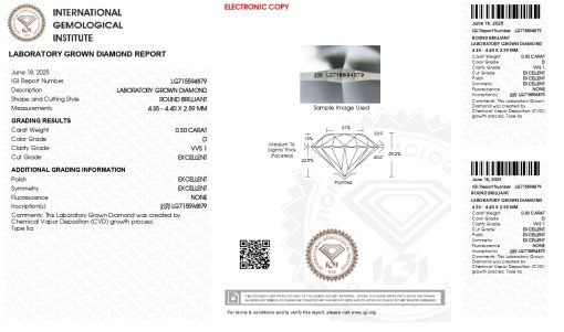 เพชรแท้ Lab Grown Diamond 0.30 กะรัต น้ำ 100 เกรด VVS1 EX EX EX N พร้อมเซอร์ IGI (1CER1652)