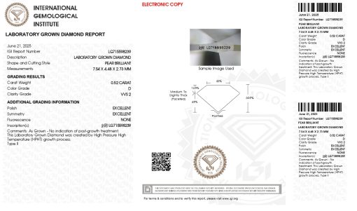 เพชรแท้ Lab Grown Diamond 0.52 กะรัต น้ำ 100 เกรด VVS2 EX EX N พร้อมเซอร์ IGI (1CER1634)