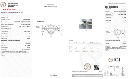 เพชรแท้ Lab Grown Diamond 1.51 กะรัต น้ำ 98 เกรด VS2 ID EX EX N พร้อมเซอร์ IGI (1CER1602)