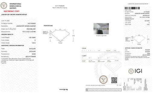 เพชรแท้ Lab Grown Diamond 1.02 กะรัต น้ำ 100 เกรด VVS2 EX EX N พร้อมเซอร์ IGI (1CER1575)