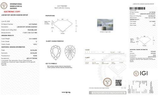 เพชรแท้ Lab Grown Diamond 2.01 กะรัต น้ำ 100 เกรด VVS2 EX EX N พร้อมเซอร์ IGI (1CER1572)