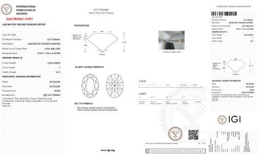 เพชรแท้ Lab Grown Diamond 2.04 กะรัต น้ำ 98 เกรด VS2 EX EX N พร้อมเซอร์ IGI (1CER1577)