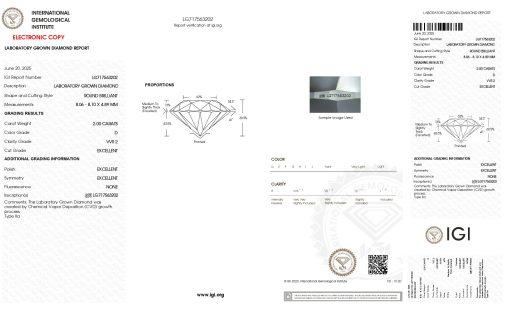 เพชรแท้ Lab Grown Diamond 2.00 กะรัต น้ำ 100 เกรด VVS2 EX EX EX N พร้อมเซอร์ IGI (1CER1599)