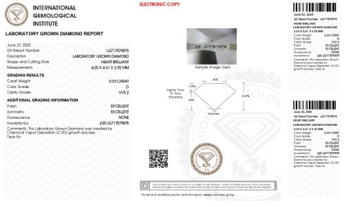 เพชรแท้ Lab Grown Diamond 0.33 กะรัต น้ำ 100 เกรด VVS2 EX EX N พร้อมเซอร์ IGI (1CER1633)