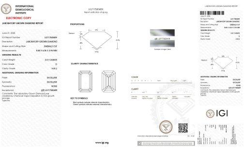 เพชรแท้ Lab Grown Diamond 2.01 กะรัต น้ำ 100 เกรด VVS2 EX EX N พร้อมเซอร์ IGI (1CER1567)