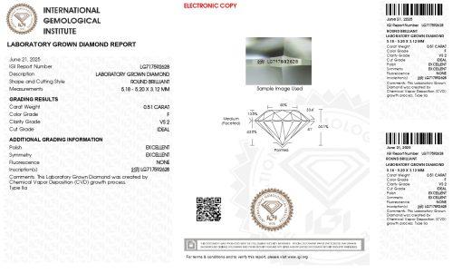 เพชรแท้ Lab Grown Diamond 0.51 กะรัต น้ำ 98 เกรด VS2 ID EX EX N พร้อมเซอร์ IGI (1CER1614)