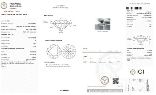 เพชรแท้ Lab Grown Diamond 3.01 กะรัต น้ำ 98 เกรด VS2 ID EX EX N พร้อมเซอร์ IGI (1CER1646)