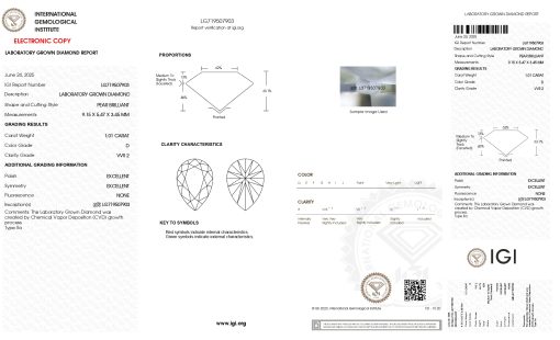 เพชรแท้ Lab Grown Diamond 1.01 กะรัต น้ำ 100 เกรด VVS2 EX EX N พร้อมเซอร์ IGI (1CER1574)