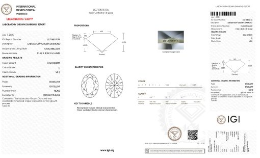 เพชรแท้ Lab Grown Diamond 3.04 กะรัต น้ำ 100 เกรด VS2 EX EX N พร้อมเซอร์ IGI (1CER1639)