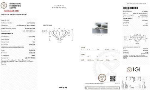 เพชรแท้ Lab Grown Diamond 3.01 กะรัต น้ำ 98 เกรด VS2 EX EX EX N พร้อมเซอร์ IGI (1CER1645)