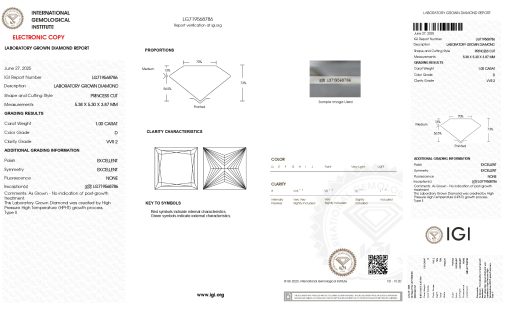 เพชรแท้ Lab Grown Diamond 1.00 กะรัต น้ำ 100 เกรด VVS2 EX EX N พร้อมเซอร์ IGI (1CER1655)