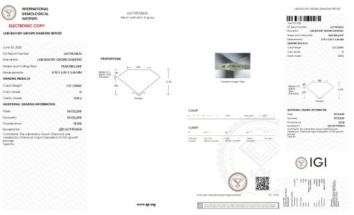 เพชรแท้ Lab Grown Diamond 1.01 กะรัต น้ำ 100 เกรด VVS2 EX EX N พร้อมเซอร์ IGI (1CER1576)