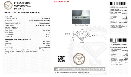 เพชรแท้ Lab Grown Diamond 0.30 กะรัต น้ำ 100 เกรด VVS2 ID EX EX N พร้อมเซอร์ IGI (1CER1653)