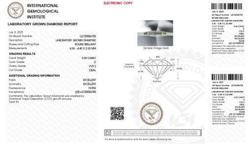 เพชรแท้ Lab Grown Diamond 0.30 กะรัต น้ำ 100 เกรด VVS2 ID EX EX N พร้อมเซอร์ IGI (1CER1654)