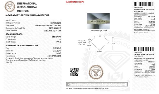 เพชรแท้ Lab Grown Diamond 0.53 กะรัต น้ำ 100 เกรด VVS2 EX EX N พร้อมเซอร์ IGI (1CER1636)