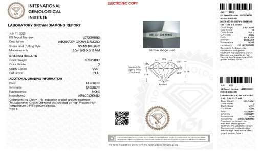 เพชรแท้ Lab Grown Diamond 0.50 กะรัต น้ำ 100 เกรด VVS1 ID EX EX N พร้อมเซอร์ IGI (1CER1648)