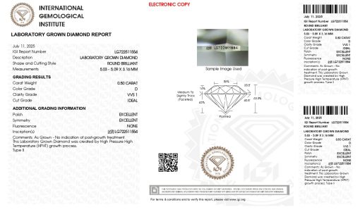 เพชรแท้ Lab Grown Diamond 0.50 กะรัต น้ำ 100 เกรด VVS1 ID EX EX N พร้อมเซอร์ IGI (1CER1649)