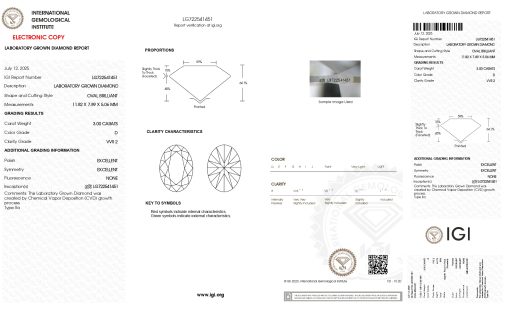 เพชรแท้ Lab Grown Diamond 3.00 กะรัต น้ำ 100 เกรด VVS2 EX EX N พร้อมเซอร์ IGI (1CER1641)