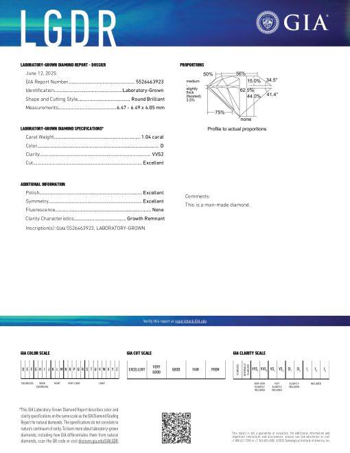 เพชรแท้ Lab Grown Diamond 1.04 กะรัต น้ำ 100 เกรด VVS2 EX EX EX N พร้อมเซอร์ IGI (1CER1688)