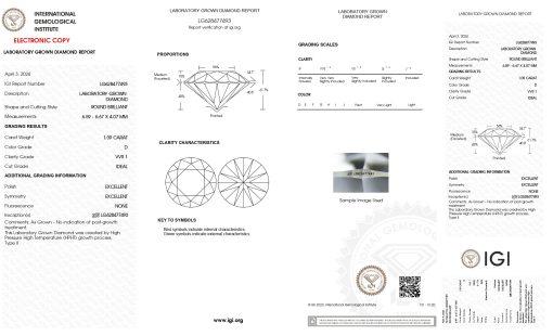 เพชรแท้ Lab Grown Diamond 1.09 กะรัต น้ำ 100 เกรด VVS1 ID EX EX N พร้อมเซอร์ IGI (1CER1679)