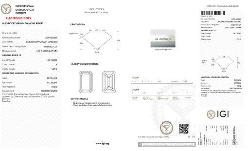 เพชรแท้ Lab Grown Diamond 1.50 กะรัต น้ำ 98 เกรด VVS2 EX EX N พร้อมเซอร์ IGI (1CER1707N)