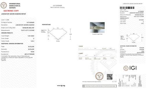เพชรแท้ Lab Grown Diamond 1.00 กะรัต น้ำ 100 เกรด VVS2 EX EX N พร้อมเซอร์ IGI (1CER1697)