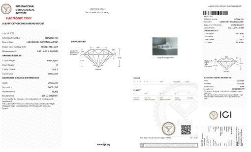 เพชรแท้ Lab Grown Diamond 1.00 กะรัต น้ำ 100 เกรด VVS1 EX EX EX N พร้อมเซอร์ IGI (1CER1680)