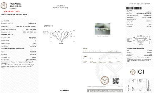 เพชรแท้ Lab Grown Diamond 1.00 กะรัต น้ำ 100 เกรด VVS1 EX EX EX N พร้อมเซอร์ IGI (1CER1681)