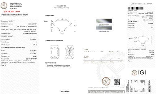 เพชรแท้ Lab Grown Diamond 1.01 กะรัต น้ำ 99 เกรด VVS2 EX EX N พร้อมเซอร์ IGI (1CER1729N)