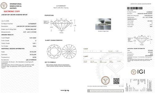 เพชรแท้ Lab Grown Diamond 1.00 กะรัต น้ำ 100 เกรด VVS1 ID EX EX N พร้อมเซอร์ IGI (1CER1685)