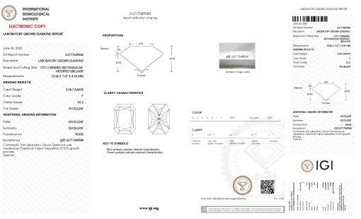 เพชรแท้ Lab Grown Diamond 3.06 กะรัต น้ำ 98 เกรด VS2 EX EX N พร้อมเซอร์ IGI (1CER1665)