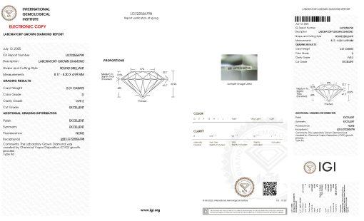 เพชรแท้ Lab Grown Diamond 2.01 กะรัต น้ำ 100 เกรด VVS2 EX EX EX N พร้อมเซอร์ IGI (1CER1675)