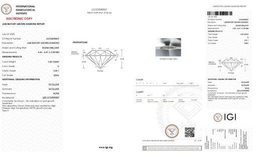 เพชรแท้ Lab Grown Diamond 1.00 กะรัต น้ำ 100 เกรด VVS1 ID EX EX N พร้อมเซอร์ IGI (1CER1684)