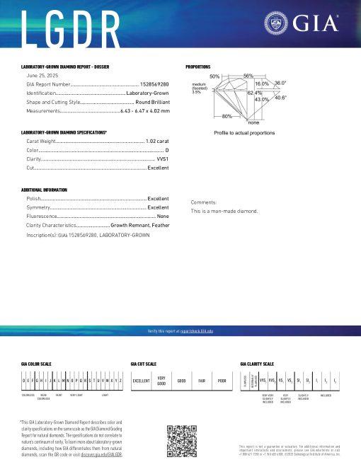 เพชรแท้ Lab Grown Diamond 1.02 กะรัต น้ำ 100 เกรด VVS1 EX EX EX N พร้อมเซอร์ GIA (1CER1772)