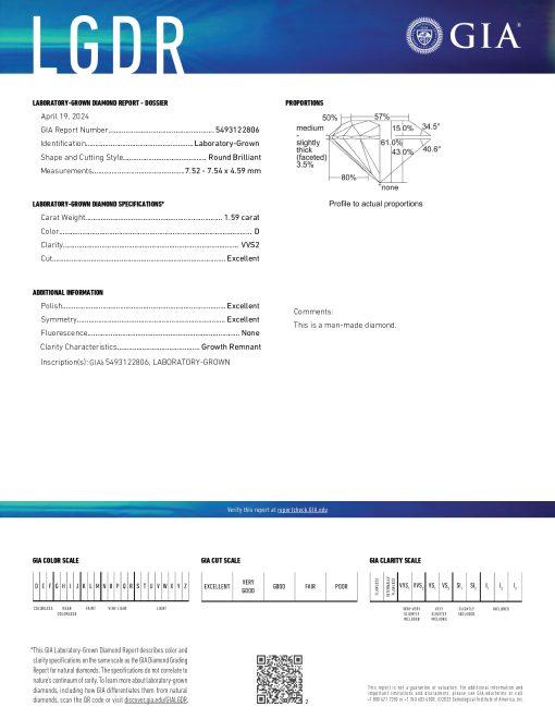 เพชรแท้ Lab Grown Diamond 1.59 กะรัต น้ำ 100 เกรด VVS2 EX EX EX N พร้อมเซอร์ GIA (1CER1764)
