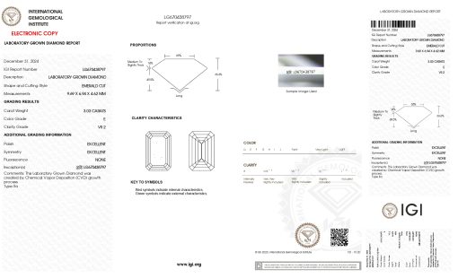 เพชรแท้ Lab Grown Diamond 3.03 กะรัต น้ำ 99 เกรด VS2 EX EX N พร้อมเซอร์ IGI (1CER1787N)