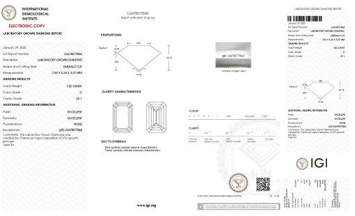 เพชรแท้ Lab Grown Diamond 1.52 กะรัต น้ำ 100 เกรด VS1 EX EX N พร้อมเซอร์ IGI (1CER1845N)