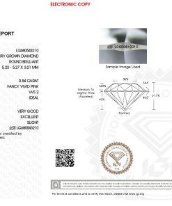เพชรแท้ Lab Grown Diamond 0.54 กะรัต น้ำ PINK เกรด VVS2 ID VG EX SL พร้อมเซอร์ IGI (1CER1863)