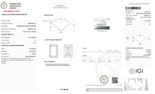 เพชรแท้ Lab Grown Diamond 2.02 กะรัต น้ำ 100 เกรด VS1 EX EX N พร้อมเซอร์ IGI (1CER1784N)