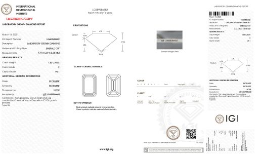 เพชรแท้ Lab Grown Diamond 1.50 กะรัต น้ำ 99 เกรด VS1 EX EX N พร้อมเซอร์ IGI (1CER1788N)